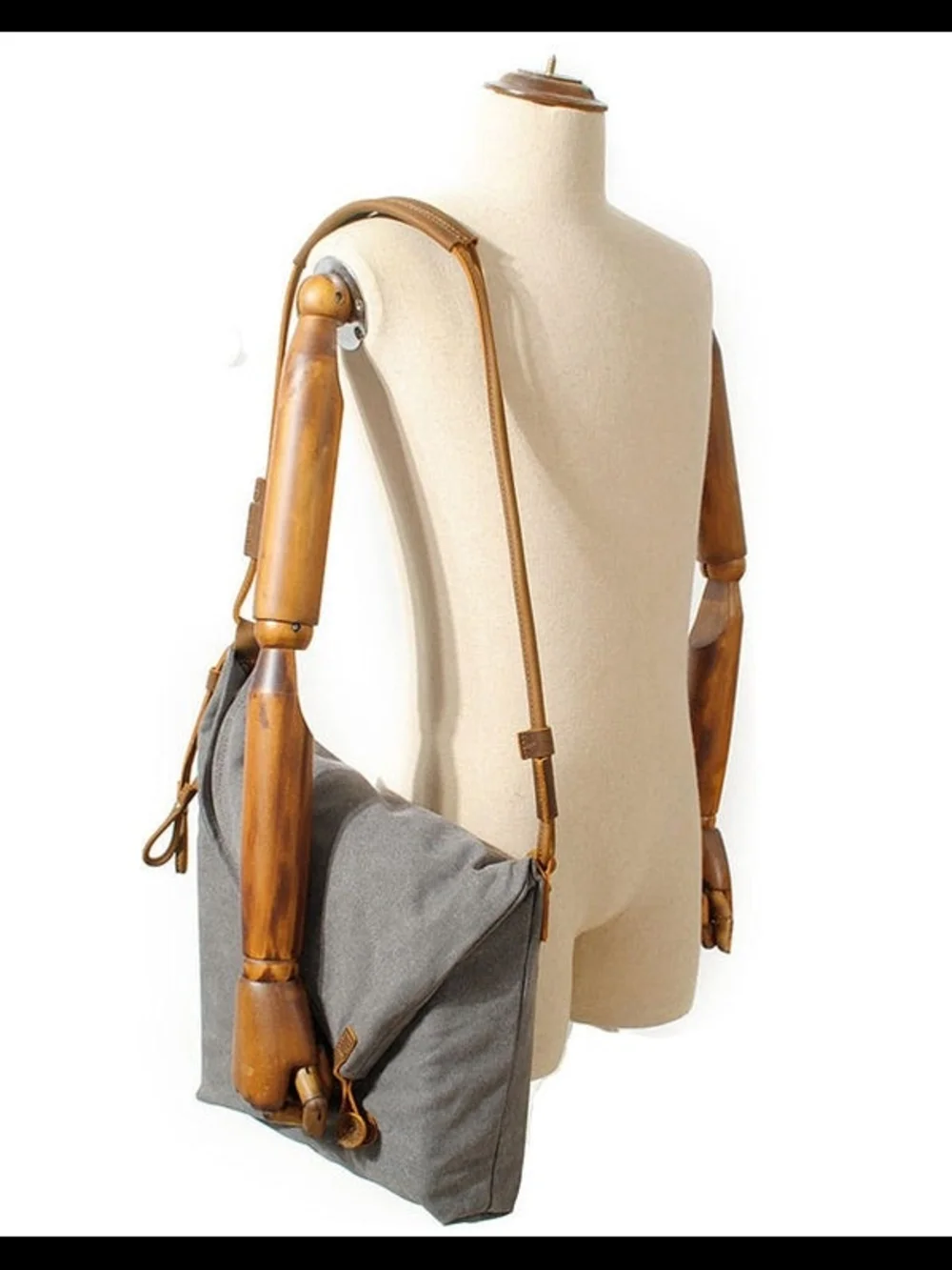 Gray Canvas Crossbody Foldover Slouchy Bag with Brown Leather Strap
